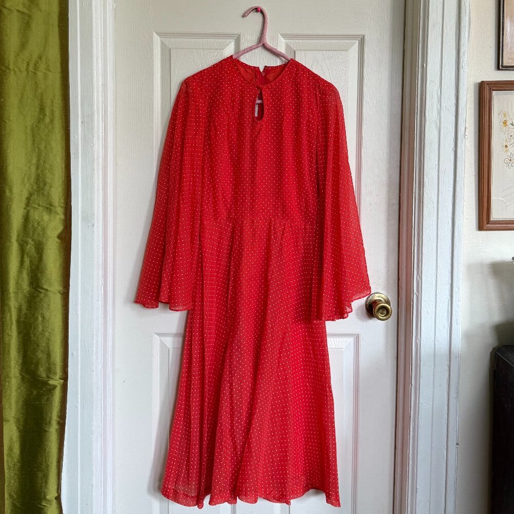 1970s Julie Miller California Polka Dot Trumpet-Sleeve Dress